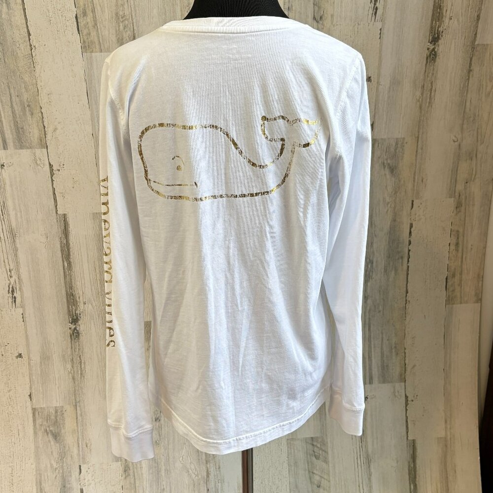 Vineyard Vines Women's Size Small White/Gold Whale Pocket Long Sleeve Tee